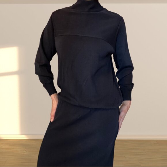 Vintage 90s Navy Knit Turtleneck Sweater Dress | Minimalist Midi - Picture 1 of 6
